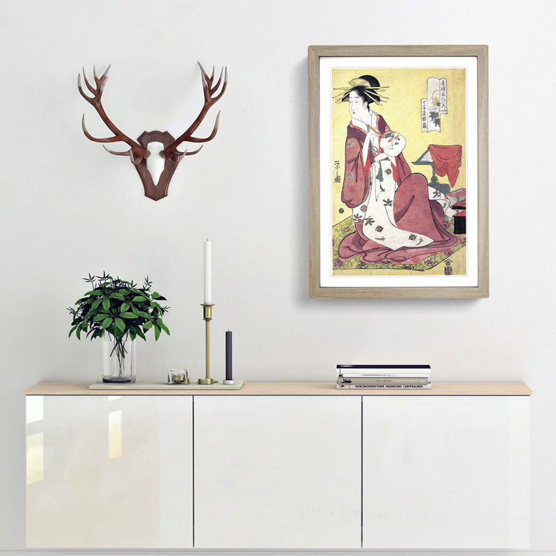 Lady with a Fan by Chobunsai Eishi - Picture Frame Painting Print, 65cm H x 48cm W x 2cm D, Oak Framed