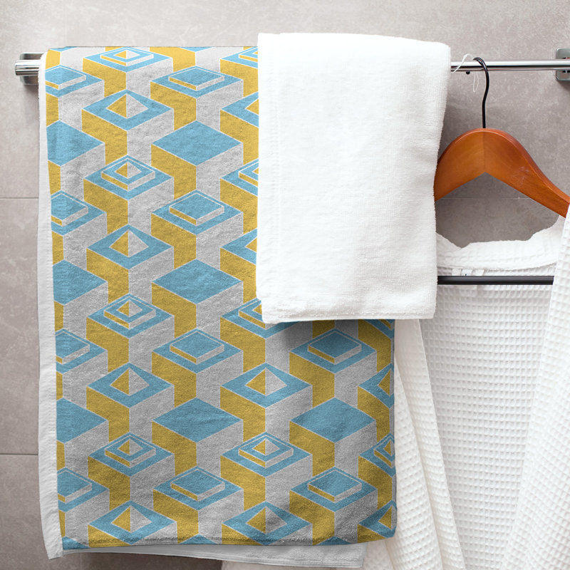 Serviette de bain à motif de gratte-ciels classiques, Bleu/jaune