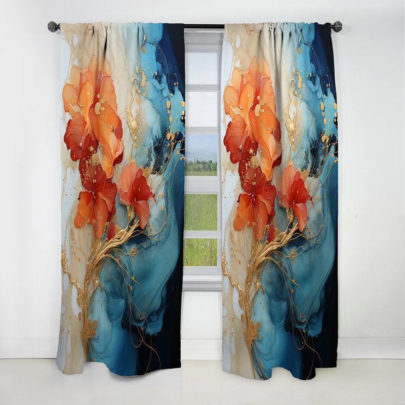 Orange Teal Abstract Fractal - Fractals Curtain - Blackout Abstract Curtain - 1 Panels, 52" W x 90" L