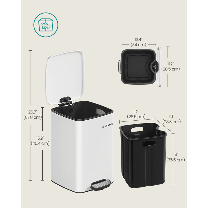 Clerfont Step On Kitchen Trash Can, 40.4cm H x 34cm W x 28.5cm D, Cloud White