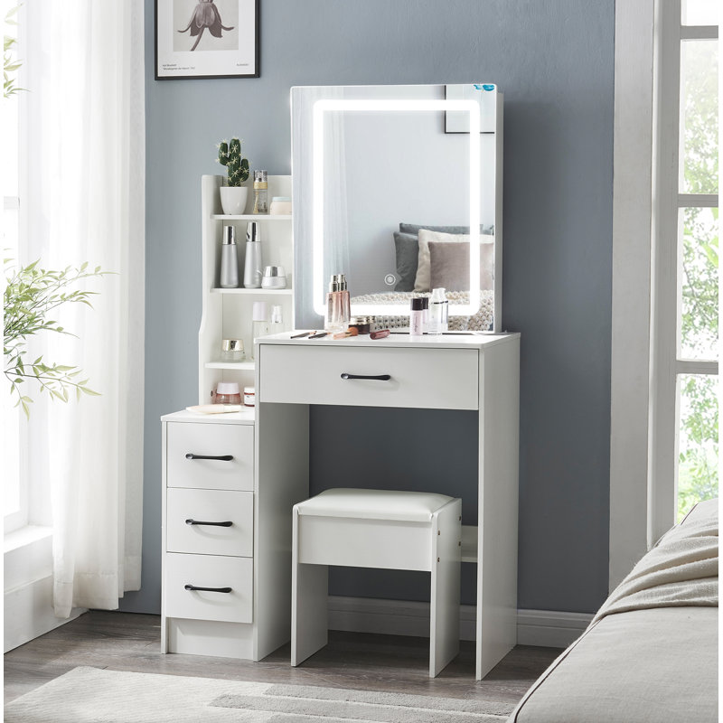 Table de coiffeuse avec miroir à DEL, bureau de maquillage avec tiroirs, tabouret et tablettes rembourrés, 3 modes d'éclairage réglables
