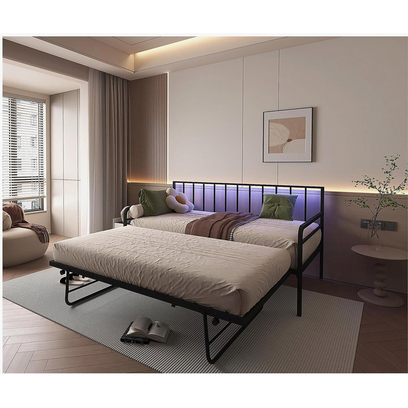 Lit de jour simple avec lumières à DEL RVB et station de charge, cadre de lit de jour réglable en hauteur avec lit gigogne, cadre de canapé-lit en métal polyvalent pour chambre à coucher, salon, chambre d'amis, noir
