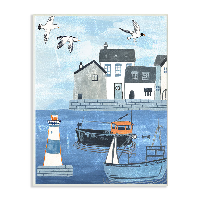 « phare seagulls illustré, scène d’ancrage » par melissa wang, peinture, H 30 po x l 24 po x P 1,5 po