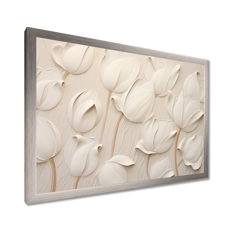 Minimalisme, tulipes blanches symphonie - tulipes, art mural, Cadre photo unique, H 16 po x l 32 po, Argent argent