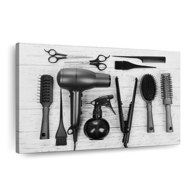 Outils de salon de coiffure noir sur toile, H 32 po x l 48 po x P 1,25 po