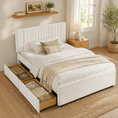 Full Size Vertical Channel Tufted Headboard & Nailhead Trim Space Saving Upholstered Bed