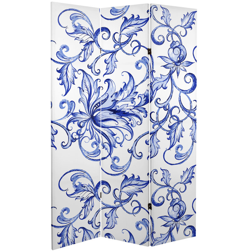 6 Ft. Tall Double Sided Blue Filigree Canvas Room Divider, Filigree