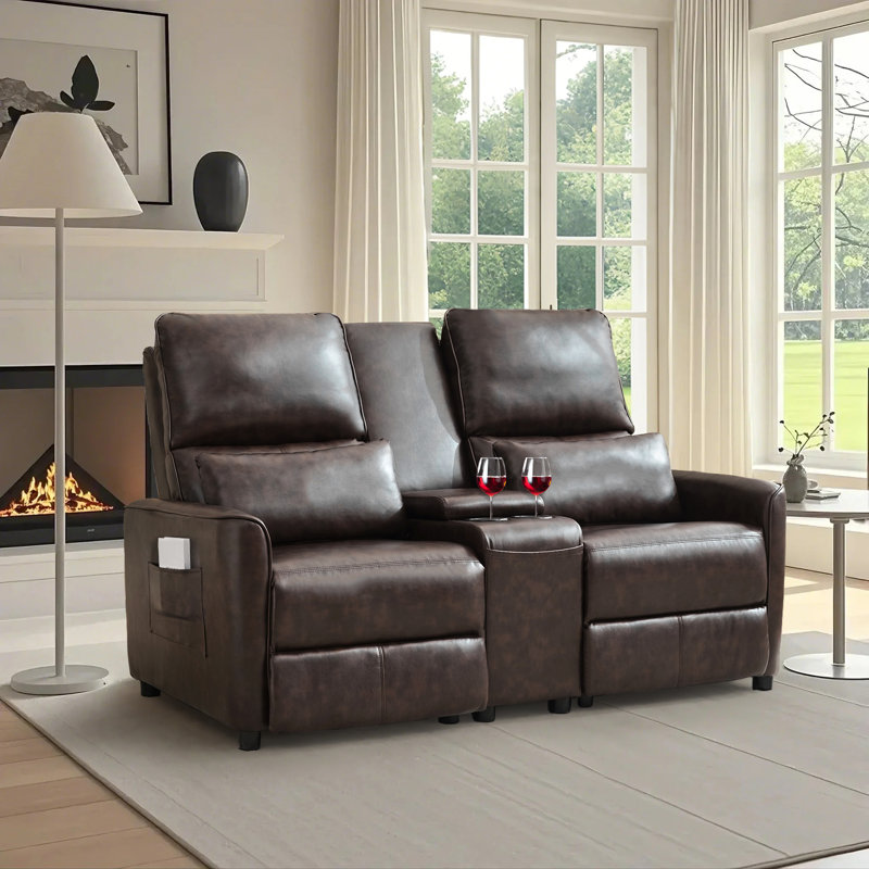 Causeuse inclinable manuelle avec console centrale et porte-gobelets pour le salon, Brun