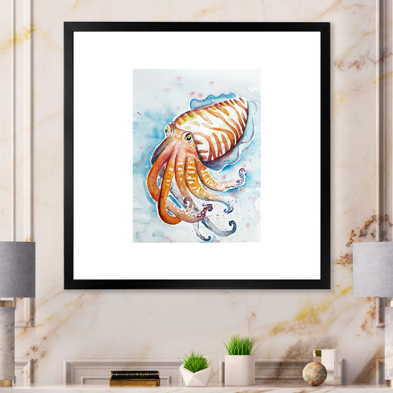 " Aquarelle Cuttlefish Art ", 16" H x 16" W x 1" D, Black Picture Framed Canvas