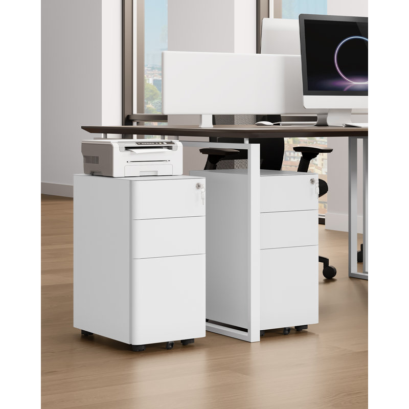 30cm Wide 3 -Drawer Mobile Steel File Cabinet, White/Grey