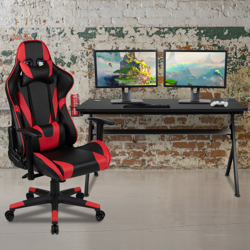Gaming Desk and Reclining Gaming Chair Set with Cup Holder, Headphone Hook & Removable Mouse Pad Top, Red