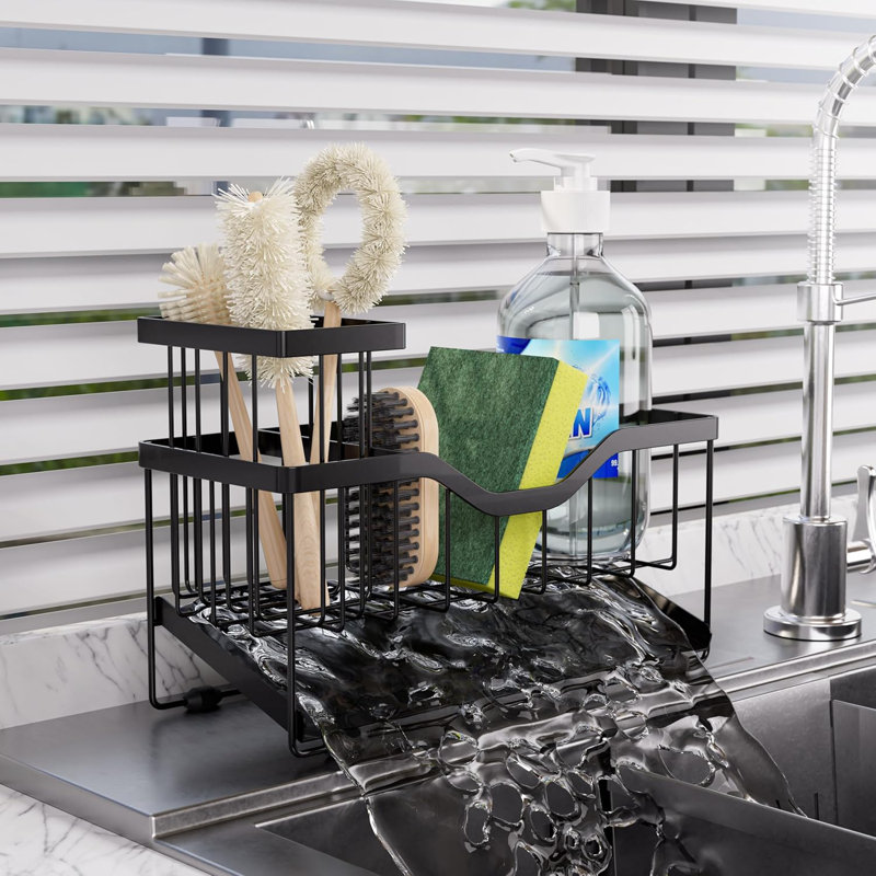 Organisateur de chariot d'évier en acier inoxydable - Design noir minimaliste pour évier de cuisine ou comptoir