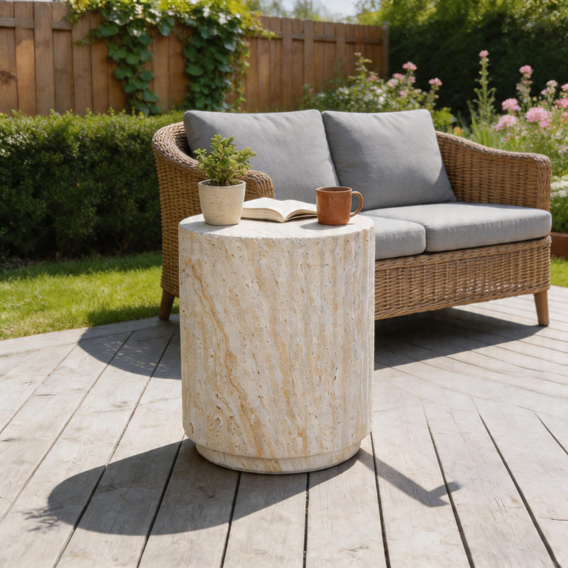 Table d'appoint cylindrique d'extérieur COSIEST, table de bout de patio MgO avec motif ondulé, table d'appoint légère et support à plante pour jardin et balcon