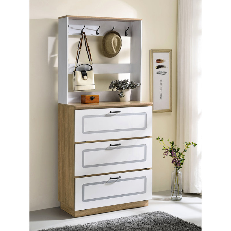 Porte-chaussures blanc avec 3 tiroirs rabattables et armoire de rangement en chêne durable