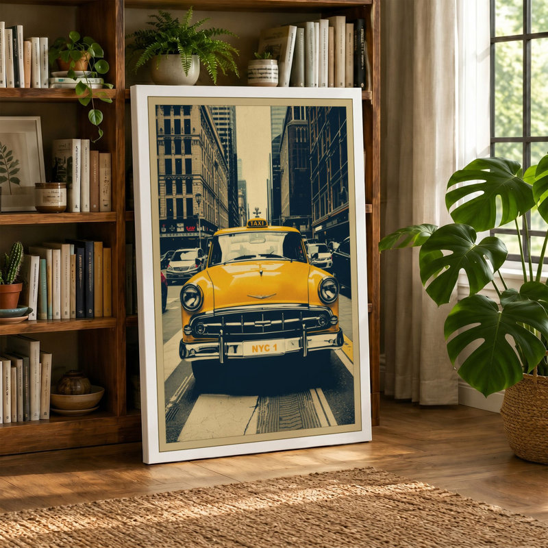 Yellow Car on Urban Street Retro - Wrapped Canvas, 18x12 - 45.7 x 30.5 cm, Teal Border