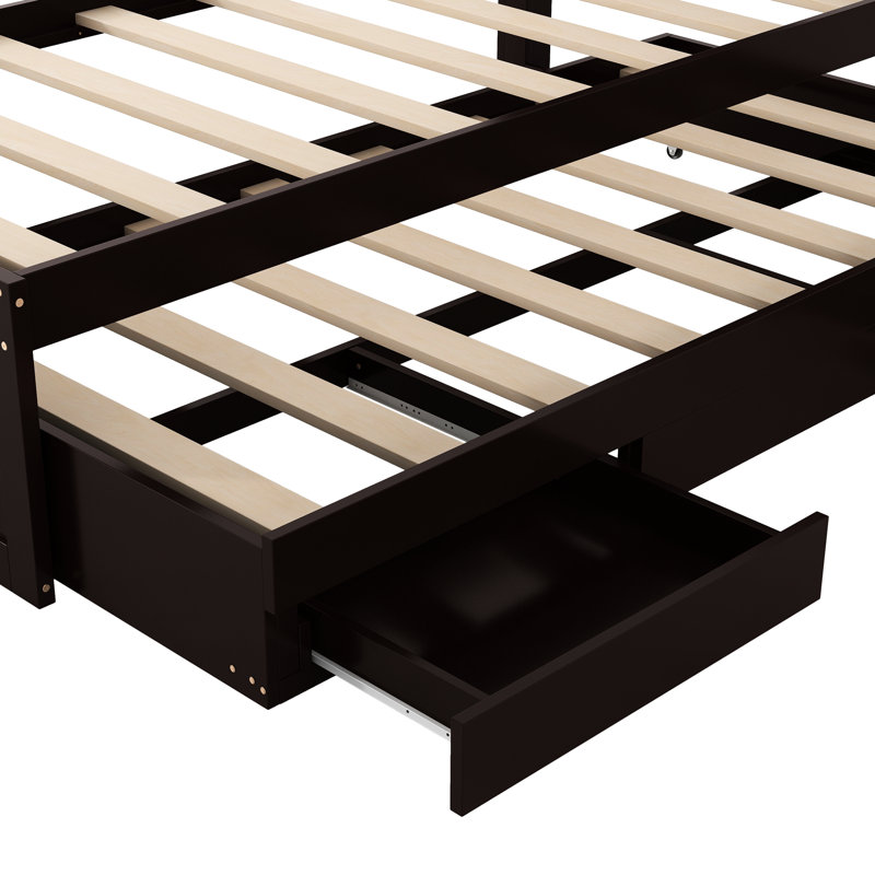 Lit plateforme simple TG avec compartiments de rangement pratiques, tête de lit à DEL et charge, rangement brun foncé, lit gigogne, 2 tiroirs, construction