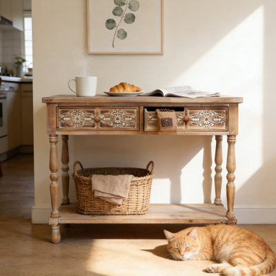 Console en bois sculpté avec 2 tiroirs et tablette ouverte