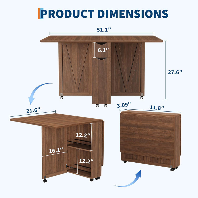 Table de salle à manger pliable avec tiroir de rangement et 6 roulettes, table de cuisine pliante compacte pour petits espaces, facile à déplacer et à ranger, brun
