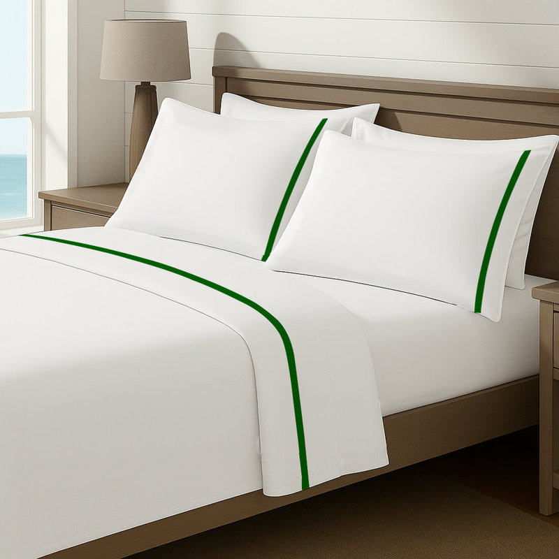 Luxury Border Cotton Sheet Set, Full XL Fitted Sheet, Green/White