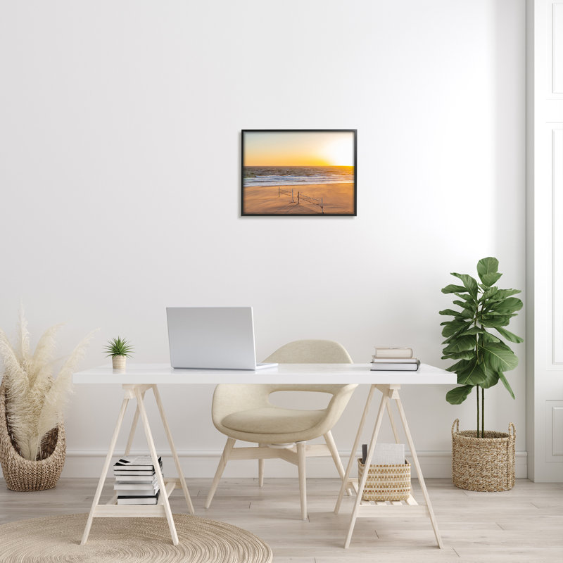 Radiant Sunset Beach Volleyball Nets Ocean Shoreline Giclee Art texturé par Jeff Poe, H 16 po x l 20 po x P 1,5 po