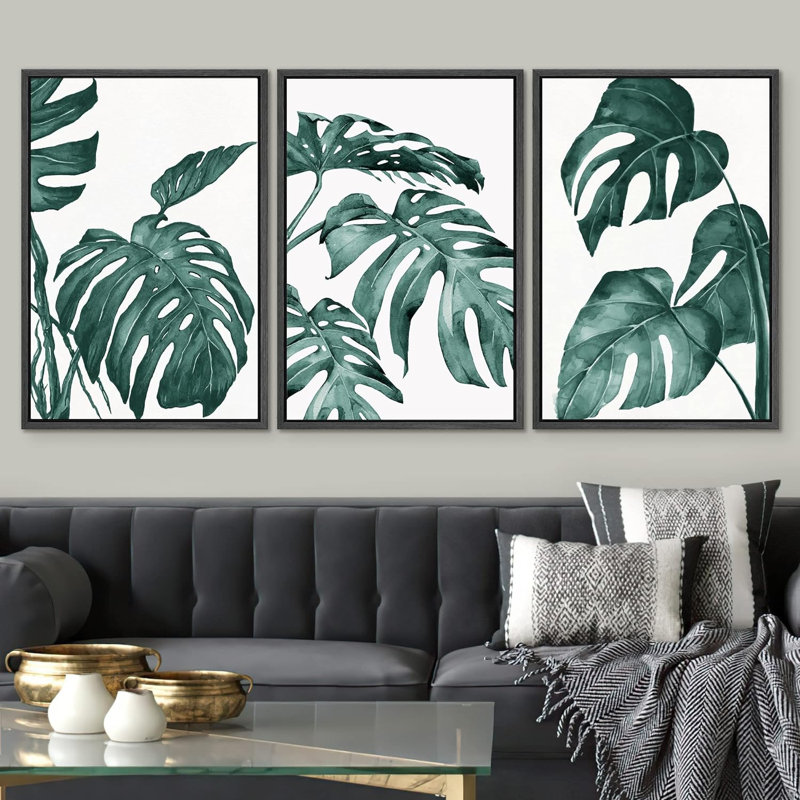 «Green Tropical Monstera Plant Leaves», impression sur toile 3 pièces, H 24 po x l 48 po x P 1,5 po, Noir
