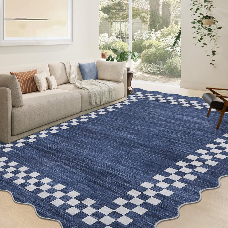 Scalloped Area Rugs Modern Bordered Accent Carpet,Non-Slip Floor Cover,Stain-Resistant Indoor Mat for Bedroom,Kitchen,Living Room