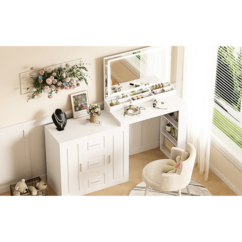 Bureau de maquillage avec 3 tiroirs et 2 armoires, miroir de 59 po, blanc. Rangement de chambre à coucher blanc 59 po. Tiroirs, modes, spacieux