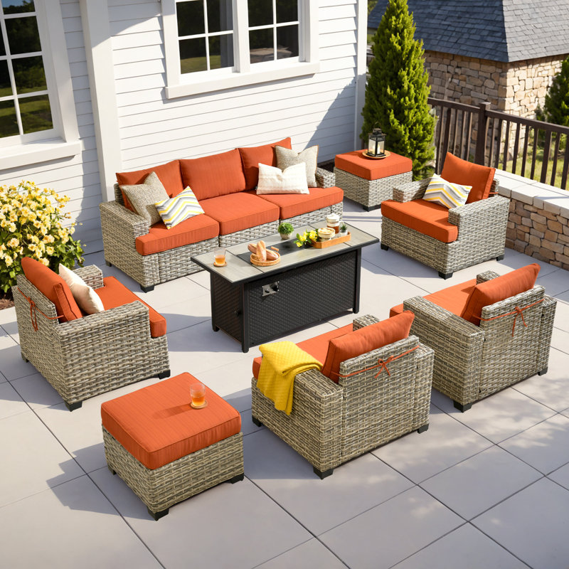 Harbin Wricker 7 - Person Outdoor Seating Group With Cushions, Orange, Yes