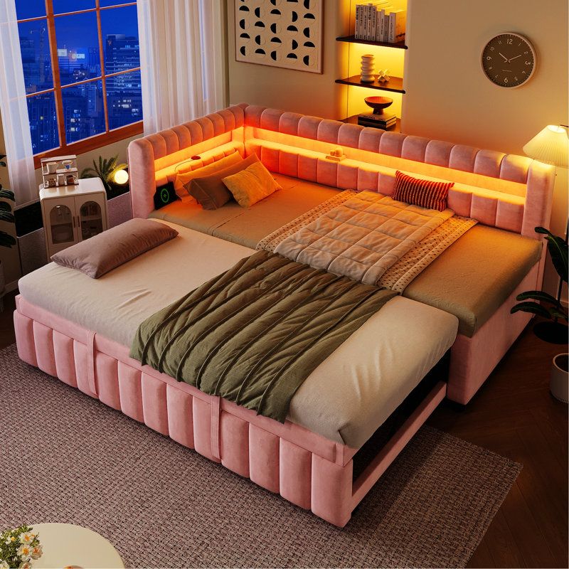 Lit de jour rembourré avec éclairage DEL, port USB et lit gigogne pour chambre à coucher ou chambre d'amis