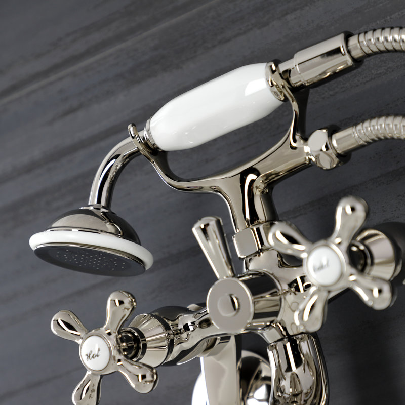 Robinet de baignoire sur pattes à deux poignées avec douche à main Kingston Brass Kingston, Nickel brossé