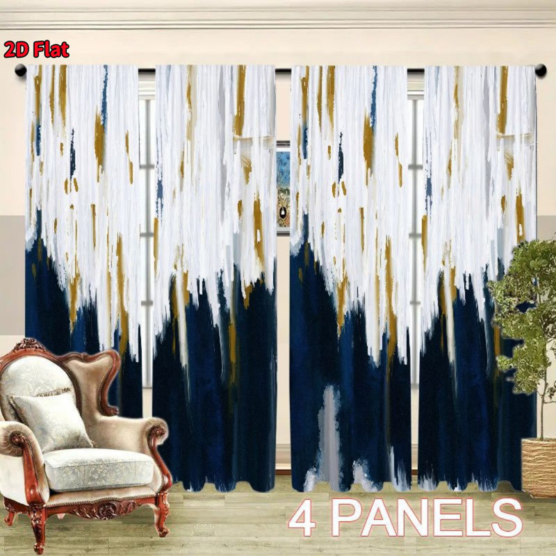 4Pcs Abstract Art Blue Gold White Brushstrokes, Soft Fabric Printed Window Drapes, Rod Pocket Curtains for Living Room, Bedroom, Dining, Modern Home Decor, Aesthetic Treatments, Privacy Panels