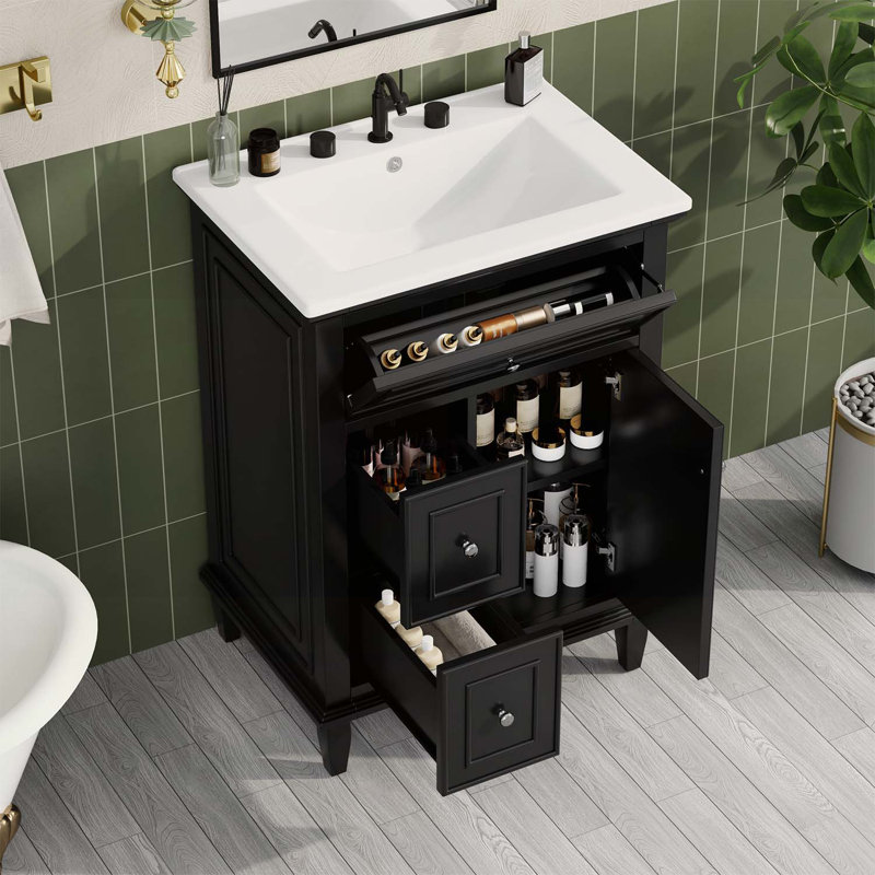 Meuble-lavabo moderne avec lavabo, armoire, tiroir rabattable et deux tiroirs, tablette réglable, Noir