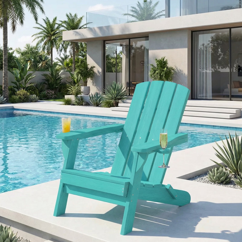 Adirondack Chair Wood Texture HDPE Folding Patio Chair Fire Pit Chair With Cup Holder, Lake Blue