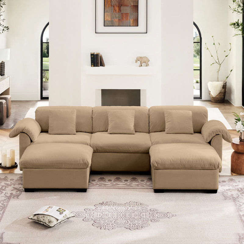 Très grand et profond, siège 3, velours brun clair avec coussins de siège de rangement, rangement pour repose-pieds, coussins modulaires en forme de U