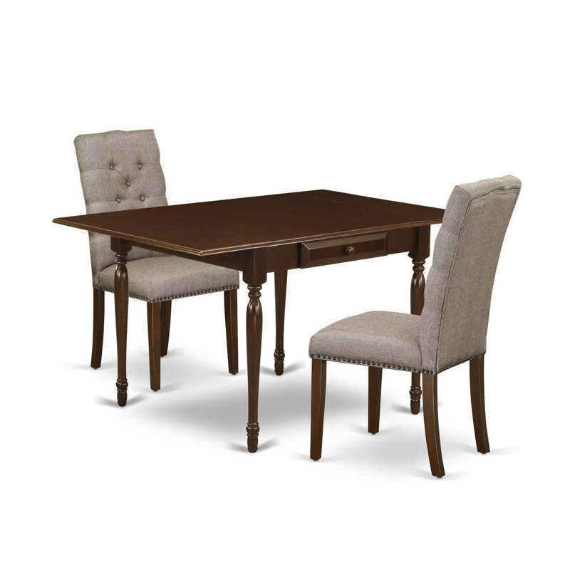 3 Piece Dining Set Contains a Rectangle Dining Room Table with Dropleaf and 2 Dark Khaki Linen Fabric Upholstered Chairs, Mahogany