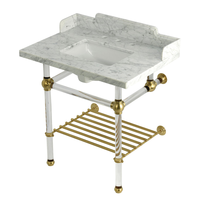 Kingston Brass Pemberton 30-Inch Carrara Marble Console Sink with Acrylic Legs and Shelf (8-Inch, 3-Hole), Brushed Brass