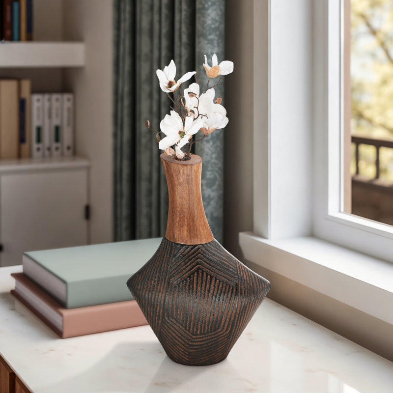 9" Lockyer Small Wood And Metal Vase, 12"H x 9"W x 5"D
