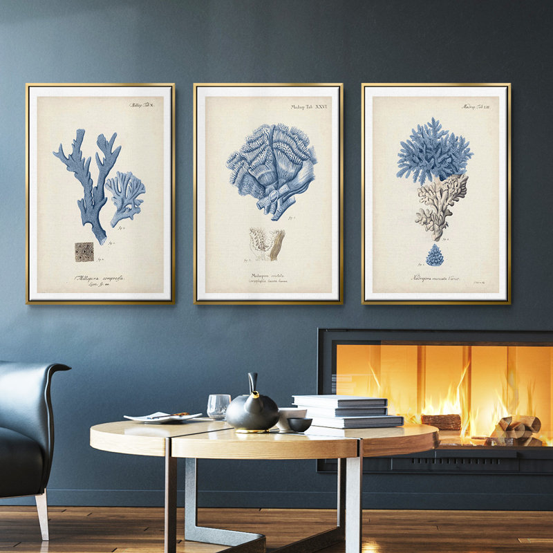 Corail antique en bleu marine, ensemble de 3 pièces encadrées sur toile, Or, H 27 po x l 54 po