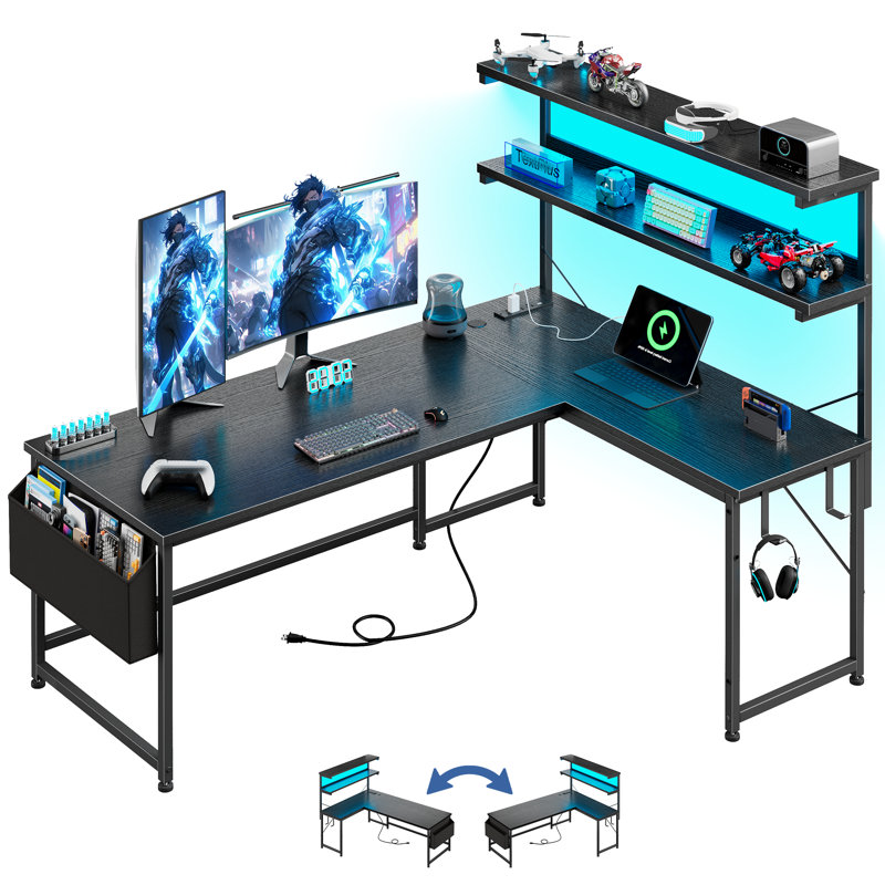 L Shaped Computer Desk with LED Lights & Power Outlet, Reversible 53"W Gaming Desk with Storage Shelf, Side Bag, Hooks for Home Office, Black