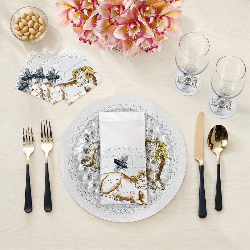 Zodiac Aries Vegan Leather Round Pebble Placemat, White