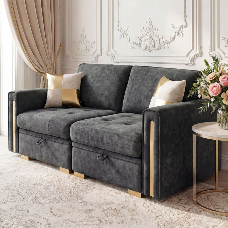 Canapé-lit modulaire 2 pièces avec siège de rangement, canapé modulaire en chenille de luxe avec pieds dorés et détails, Gris