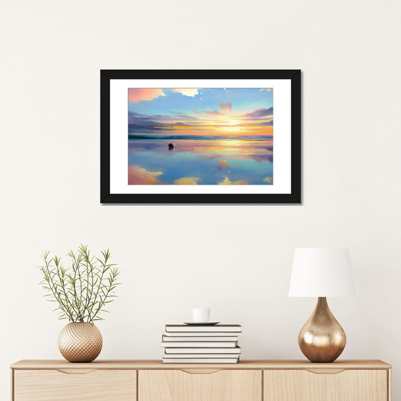 Where Sky Meets Water, 16" H x 24" W x 1" D, Black Open Corner Frame Paper