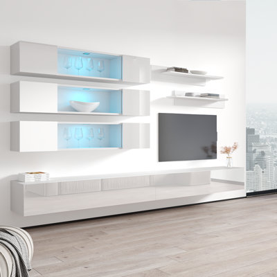 Nason 126" Modern Floating Wall Mounted Entertainment Center with 16-Color LED Lighting, High Gloss Finish