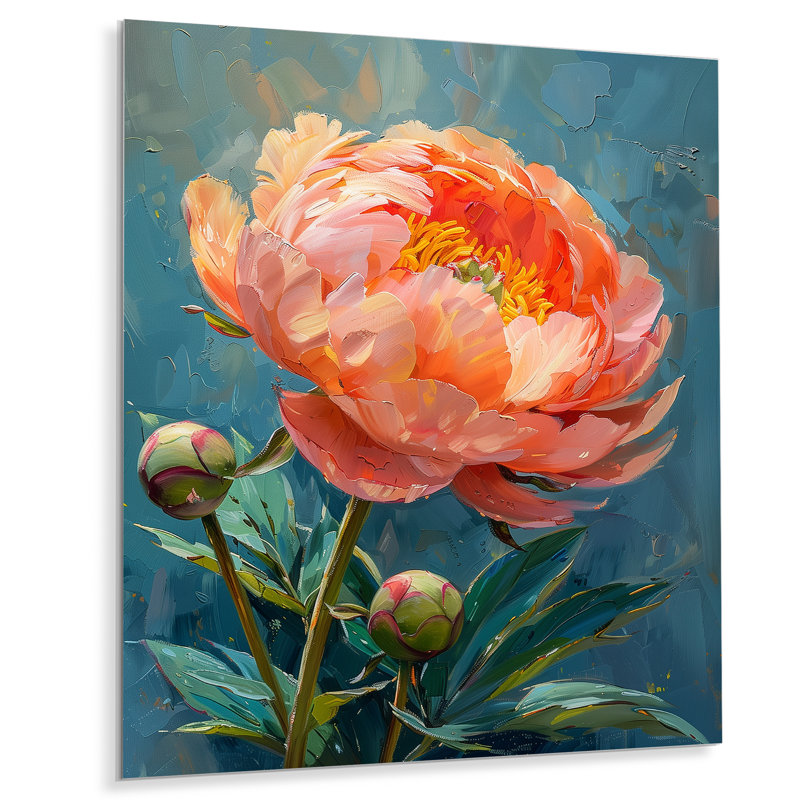 Rose et bleu, pivoines vibrantes, art mural pivoines II, Métal métal, H 44 po x l 34 po