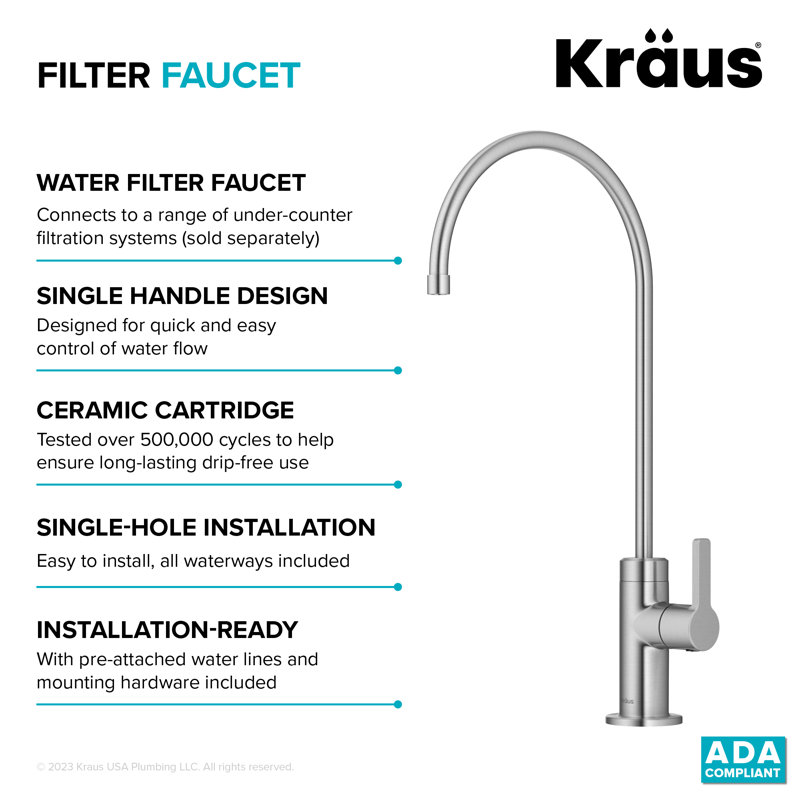 Robinet filtre à eau à poignée simple KRAUS Oletto pour osmose inverse, Acier inoxydable