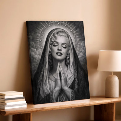 Black White Praying Woman Portrait Halo Religious Canvas Wall Art Print, Black And White, Christian Religious Decorative Wall Decor For Living Room Bedroom Office, Faith Inspired Home Decor
