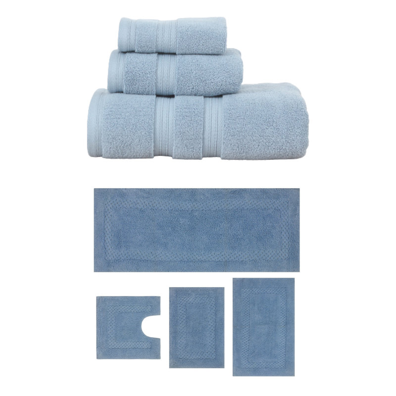 Bublitz Classy Bath Mat 100% Soft Cotton Towel Set & Bath Rug Combo, Blue, 7 Piece Towel Set