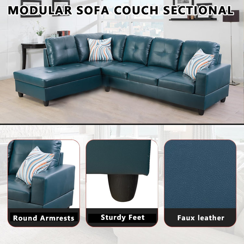 Bawan Faux Leather L-Shaped Sectional, Left Hand Facing, Blue Faux Leather