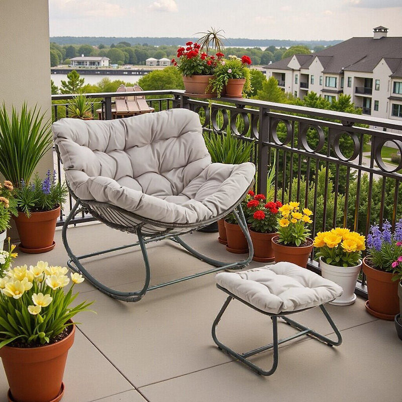 All-Weather Wicker Egg Rocking Chair With Ottoman, Plush Cushions, Indoor Outdoor Lounge, Light Gray