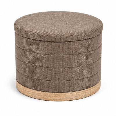Round Linen Storage Ottoman with Reversible Tray Top, Brown Upholstered Accent Stool, 22-Inch